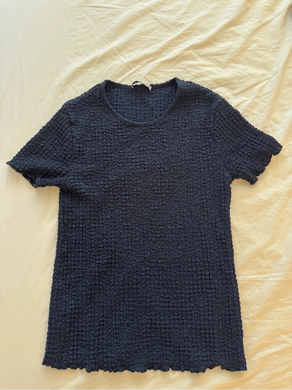Zara Popcorn Textured Short-Sleeve Knit Top - Navy